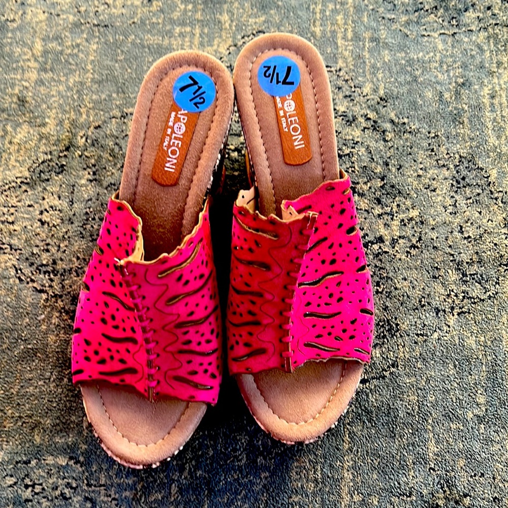 Italian wedge 4” sandals fuchsia pink suede and snakeskin black/white,new w/tags